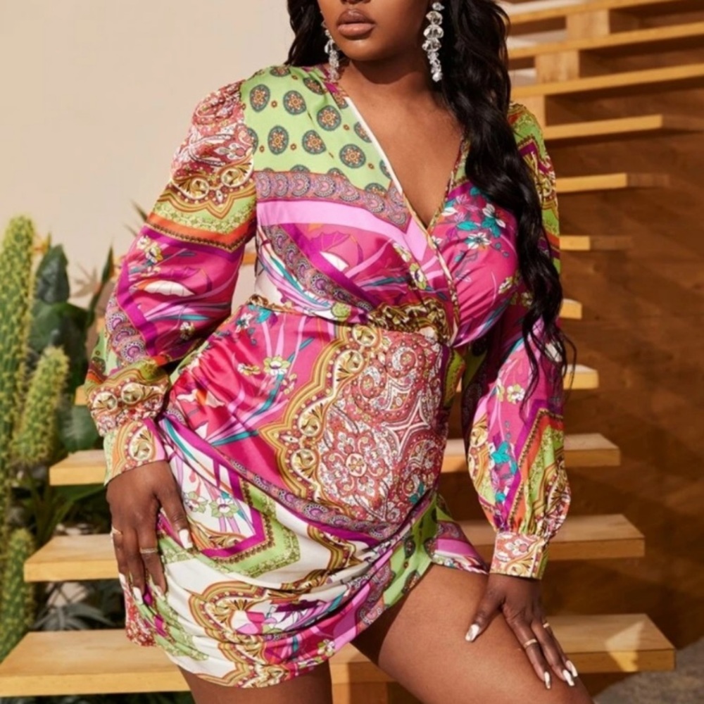 Shein Curve Boho patchwork long sleeve dress